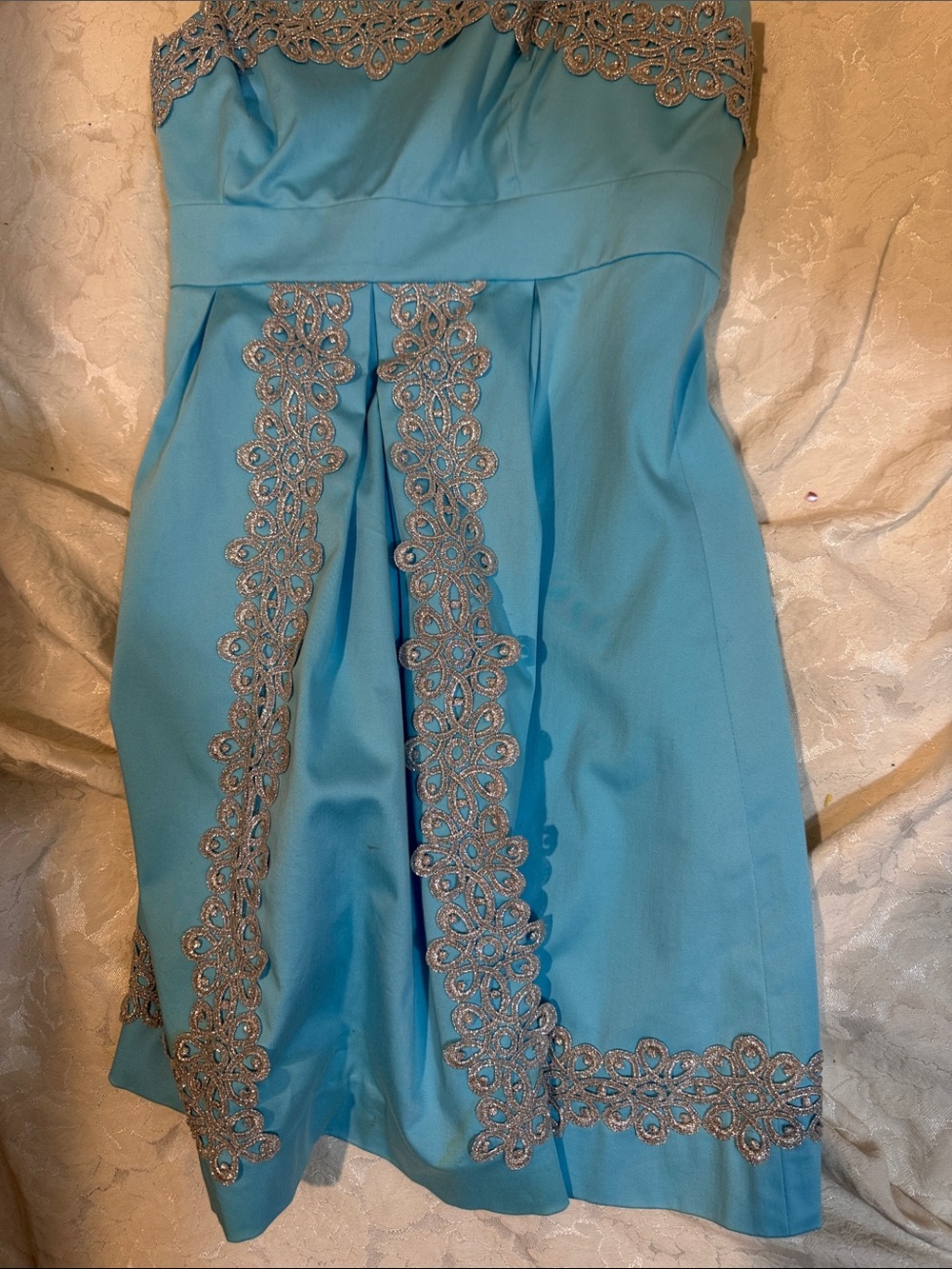 Lilly Pulitzer Strapless Turquoise Dress with Silver Lace Trim